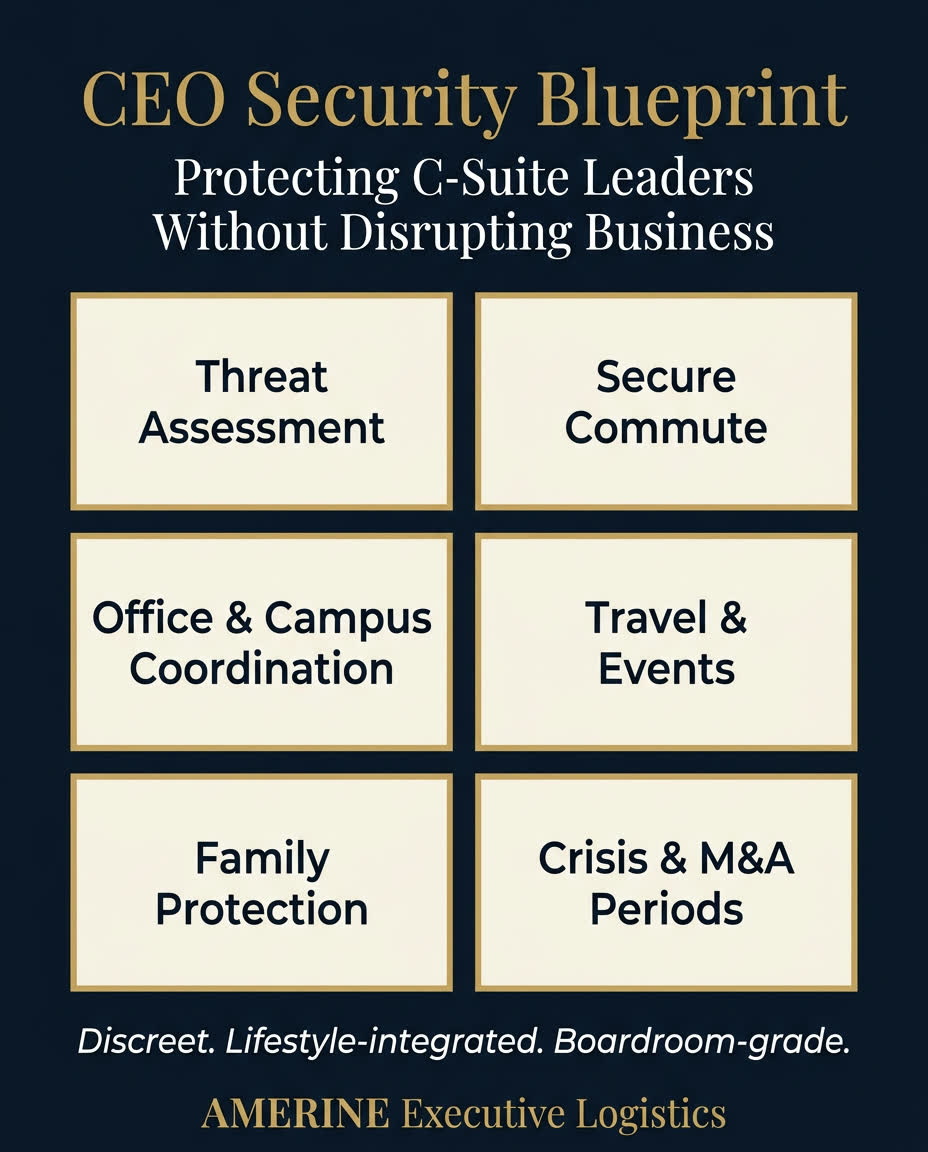 When Does a CEO Need Executive Protection? 12 Triggers Boards and General Counsel Should Not Ignore — featured image | AMERINE Executive Protection insights