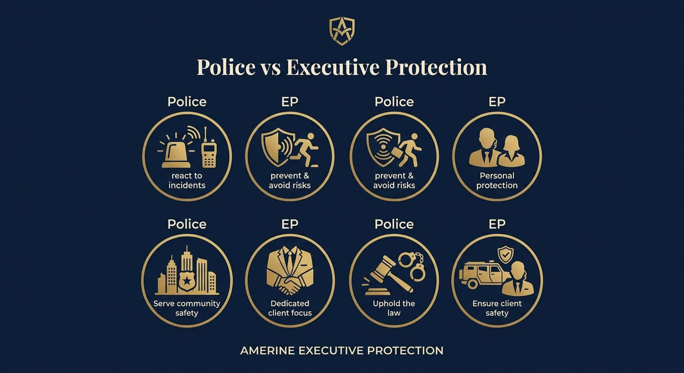 Executive Protection vs. Police and Venue Security: Why You Still Need EP at Events Executive Protection vs. Police and Venue Security: Why You Still Need EP at Events — featured image | AMERINE Executive Protection insights