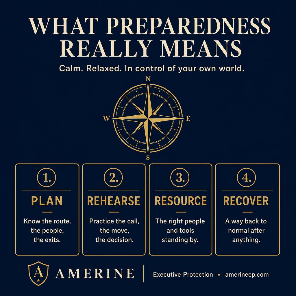 What Preparedness Really Means: Calm, Relaxed, and In Control of Your Own World What Preparedness Really Means: Calm, Relaxed, and In Control of Your Own World — featured image | AMERINE Executive Protection insights